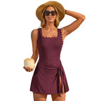 One-Piece Swim Dress – Scalloped Square Neck Tummy Control Swimsuit with Skirt