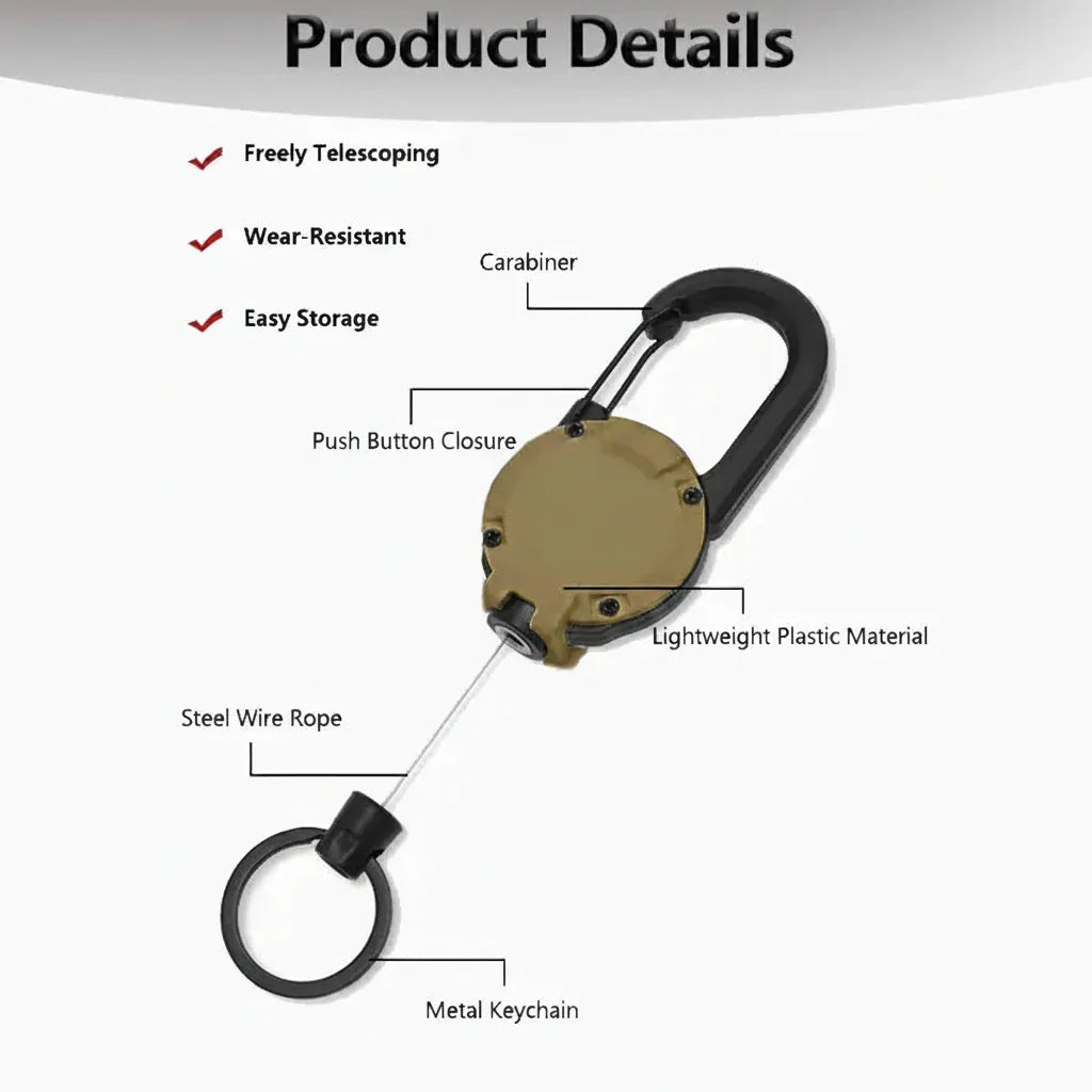 Heavy-Duty Retractable Carabiner Keychain – 64cm Steel Lanyard, 100K Pull Cycles