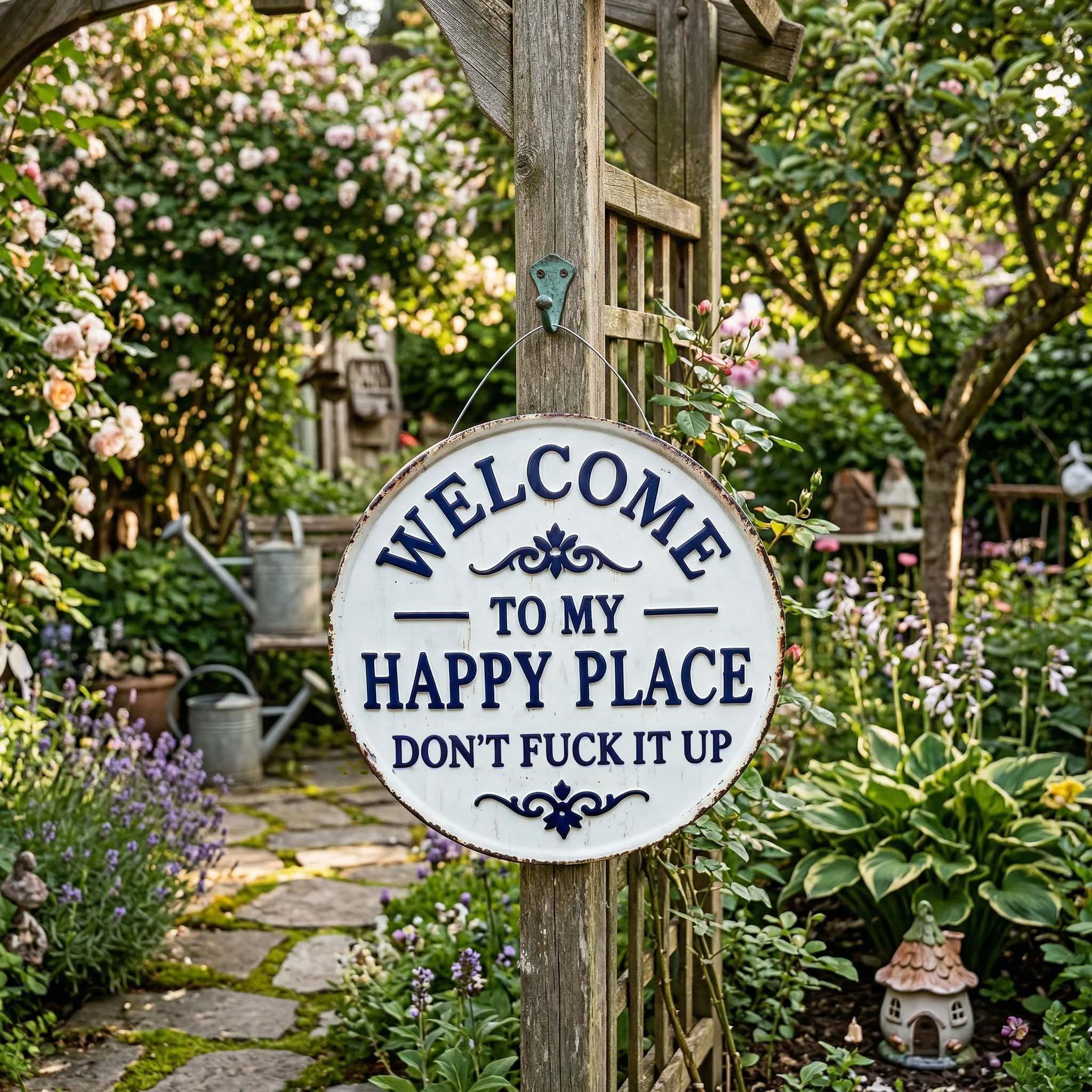 Vintage Round Metal Sign – “Welcome to My Happy Place Don’t Fuck It Up” Garden Wall Decor