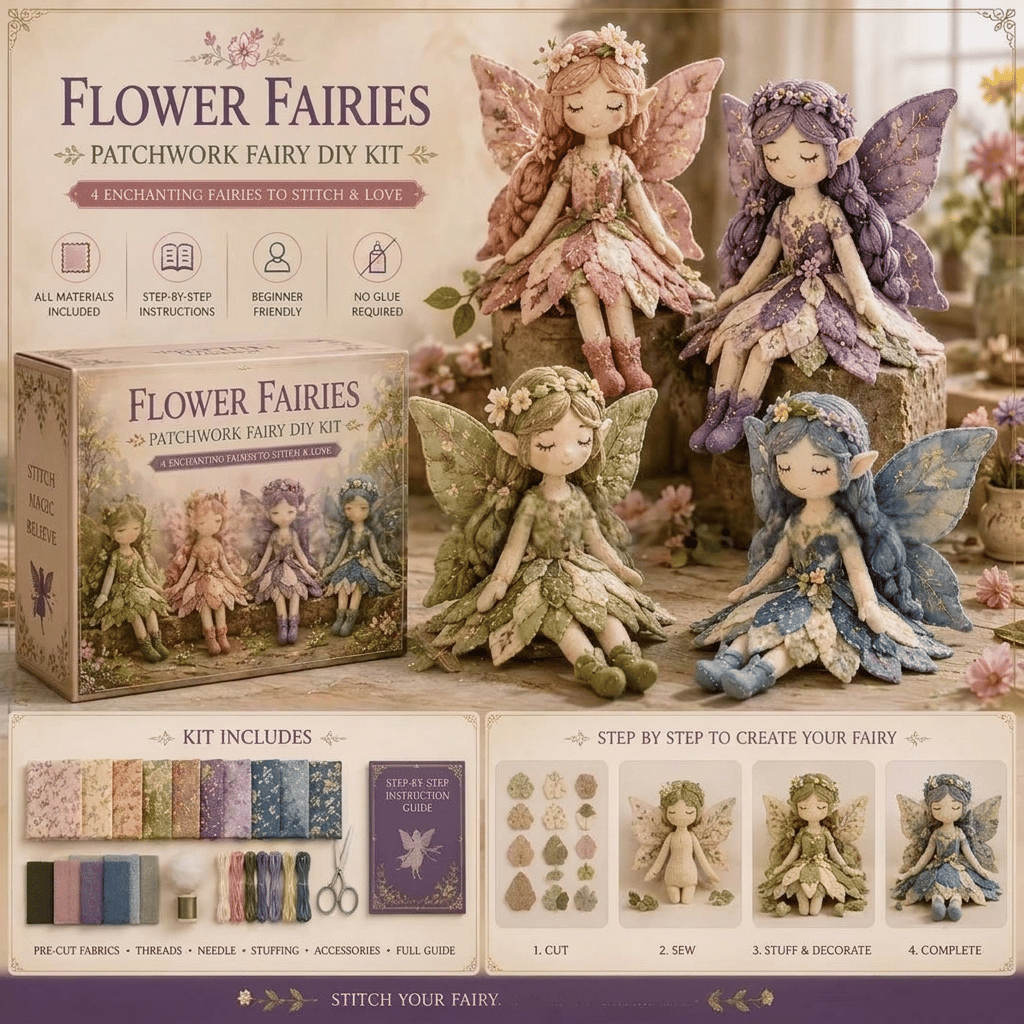 🌸 Flower Fairies Patchwork DIY Kit 🧚‍♀️4 Whimsical Fairy Dolls Sewing Kit