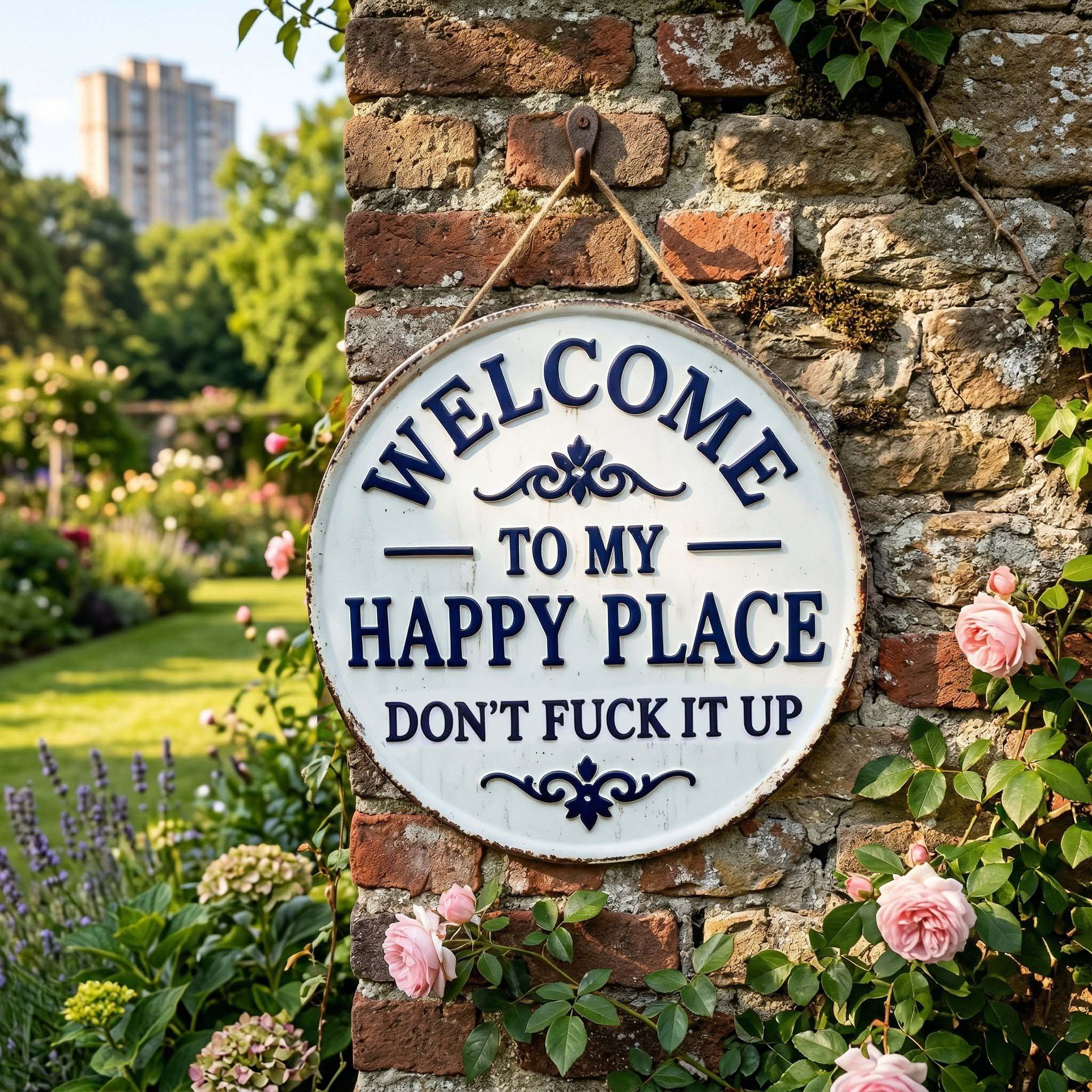 Vintage Round Metal Sign – “Welcome to My Happy Place Don’t Fuck It Up” Garden Wall Decor