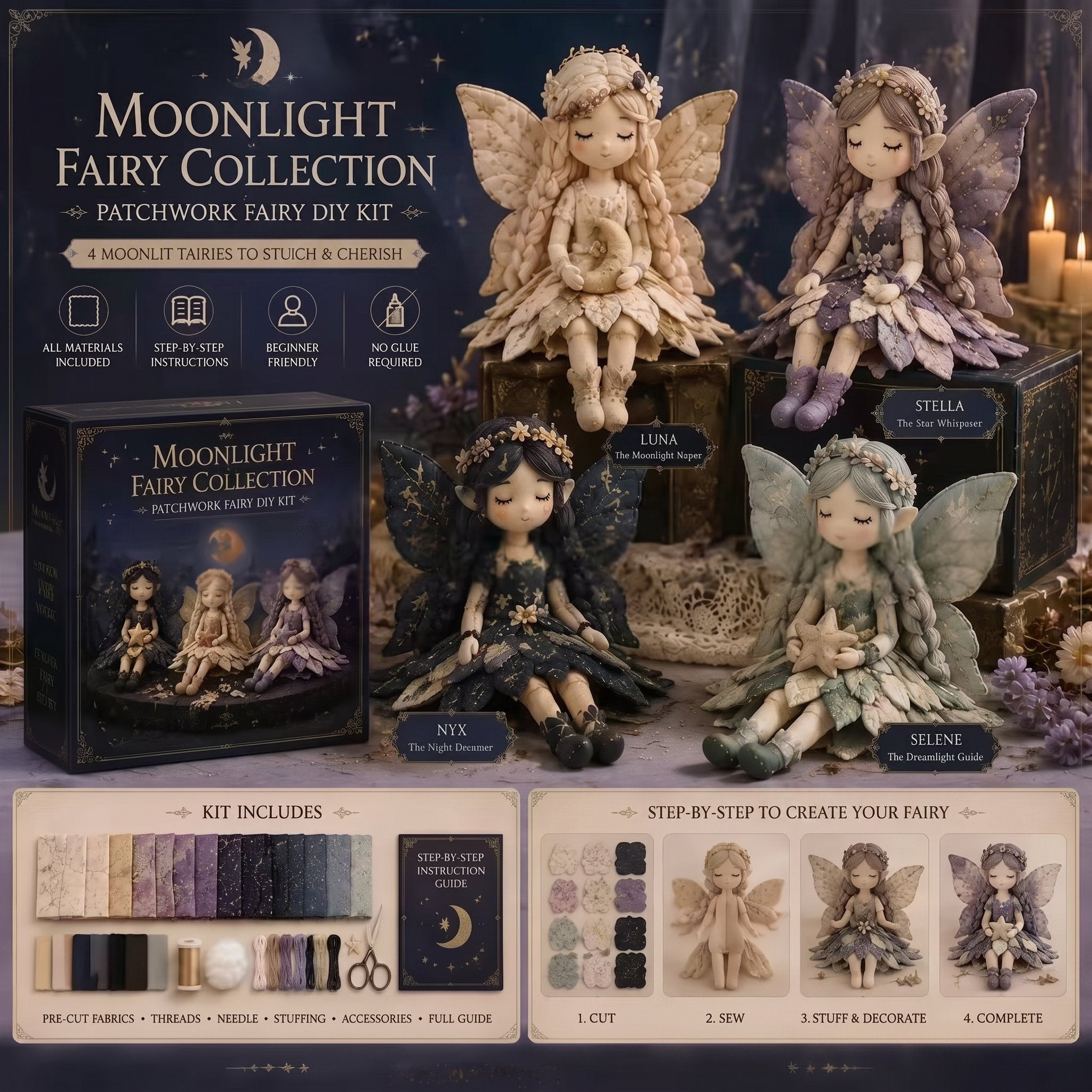 🌸 Flower Fairies Patchwork DIY Kit 🧚‍♀️4 Whimsical Fairy Dolls Sewing Kit