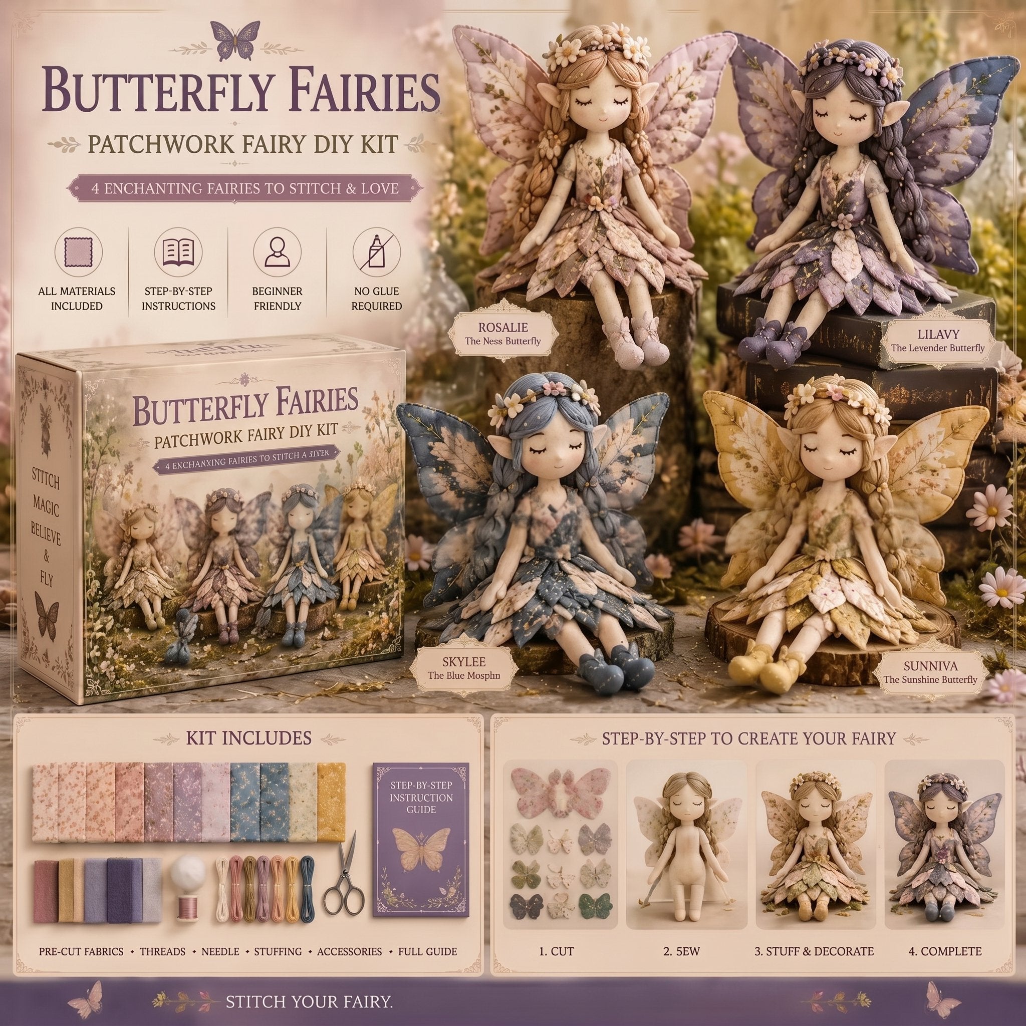 🌸 Flower Fairies Patchwork DIY Kit 🧚‍♀️4 Whimsical Fairy Dolls Sewing Kit