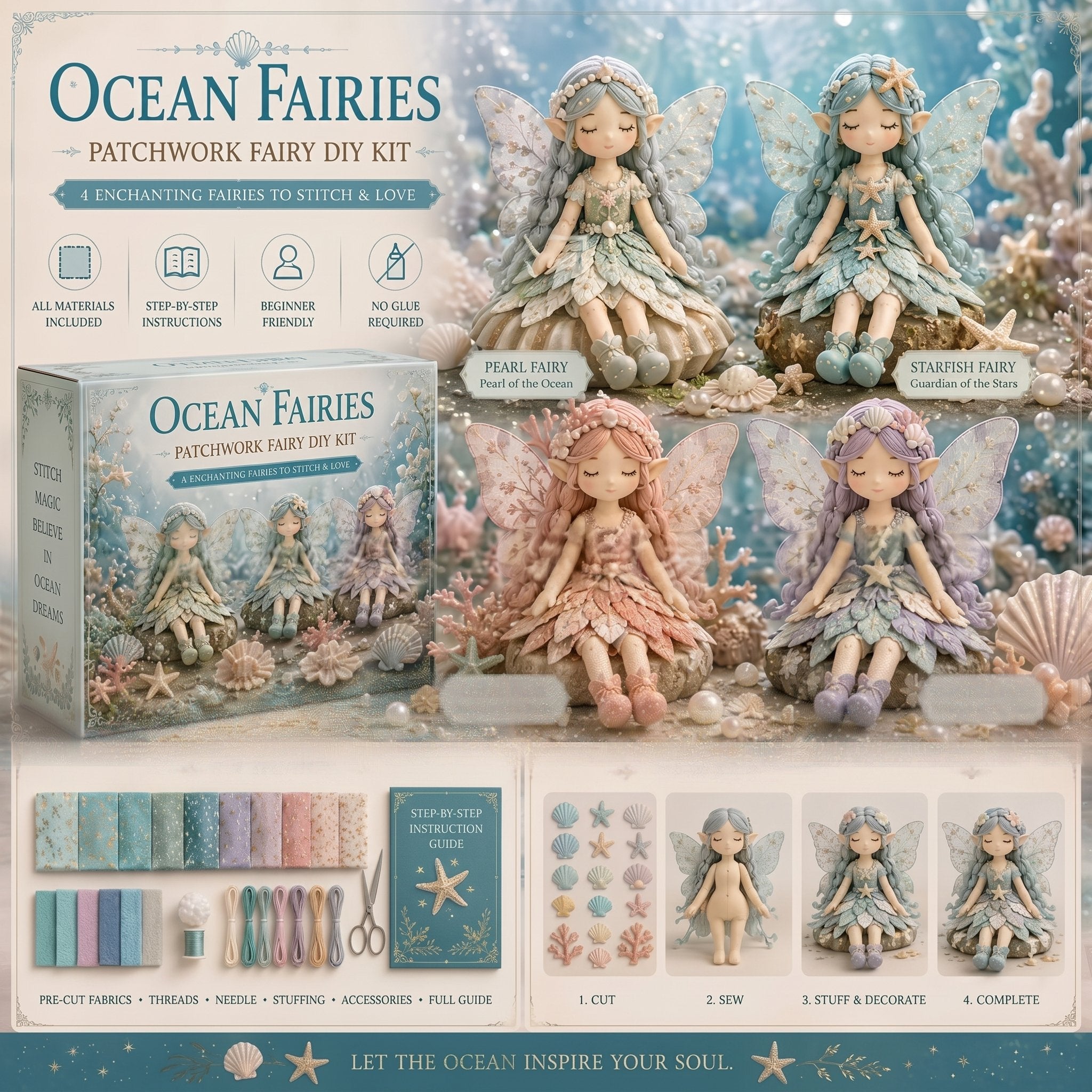 🌸 Flower Fairies Patchwork DIY Kit 🧚‍♀️4 Whimsical Fairy Dolls Sewing Kit