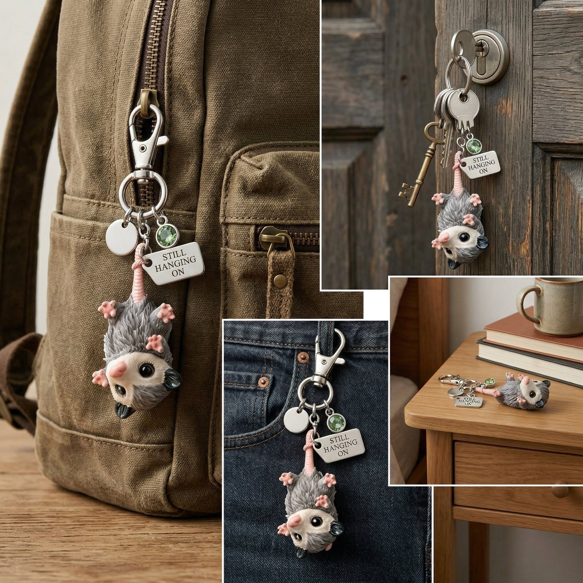🐭A Little Opossum for You - "Still Hanging On" Keychain & Sentiment Card Set💕
